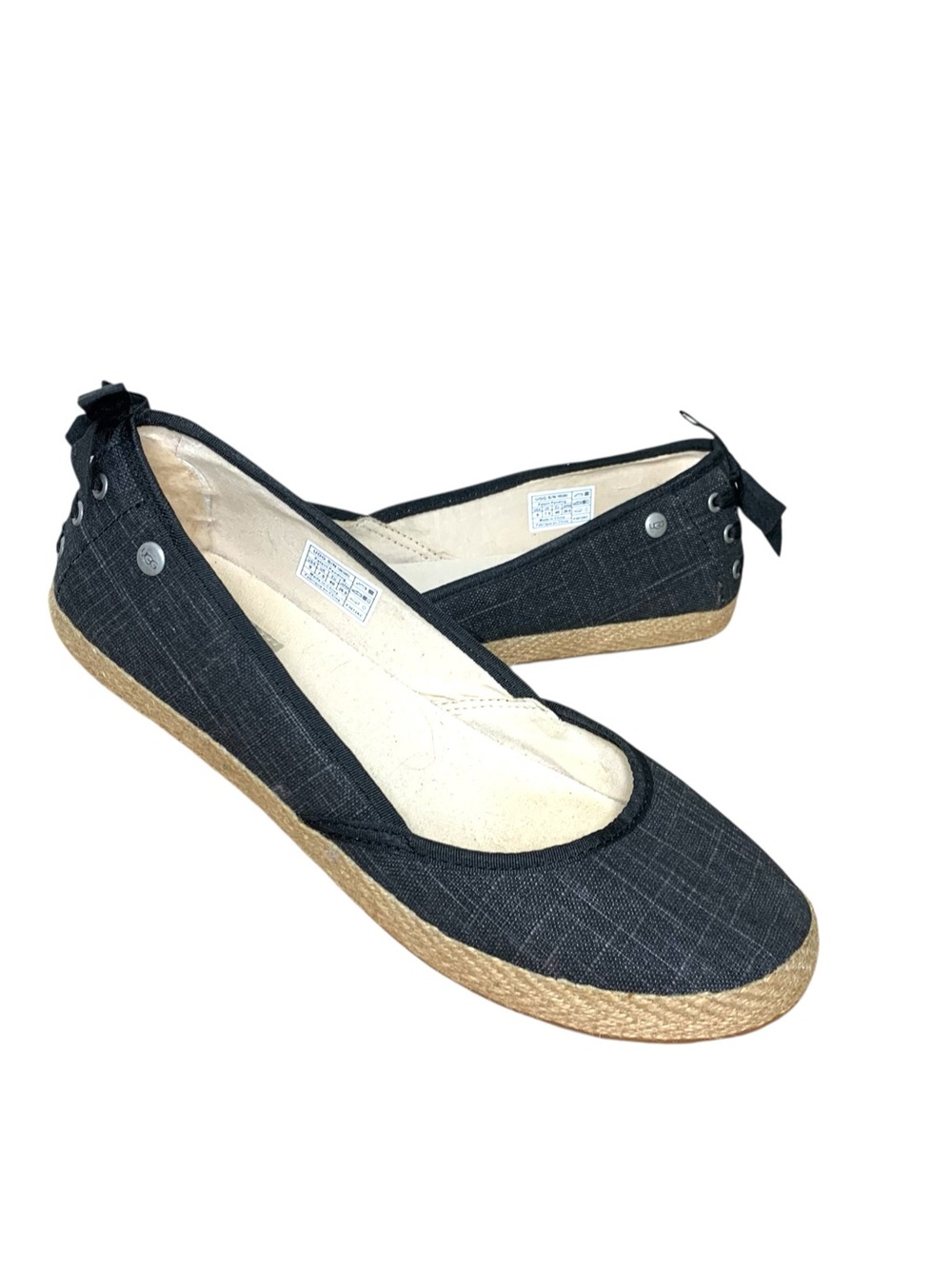 UGG Indha Canvas Espadrille Ballet Flats 9 Black Gray Bow Sherpa Heel Minimalist